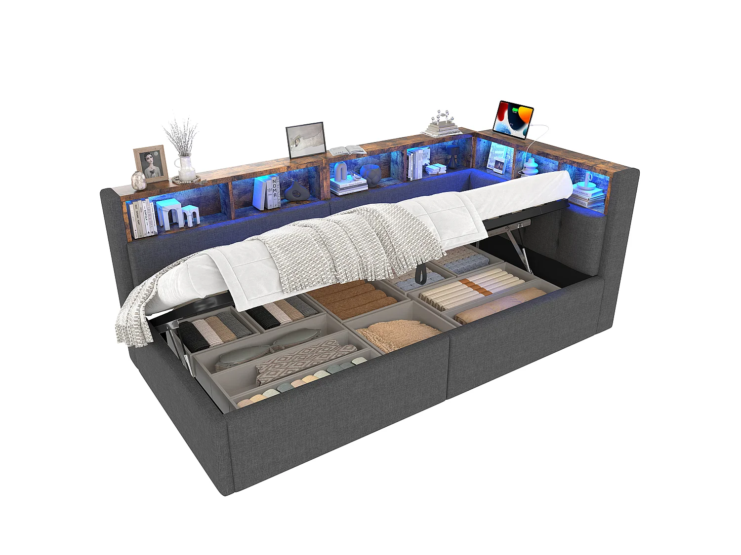 Sofá cama infantil - 90 x 200 cm - con USB + Tipo-C + almacenaje hidráulico + estante + LED - lino - gris