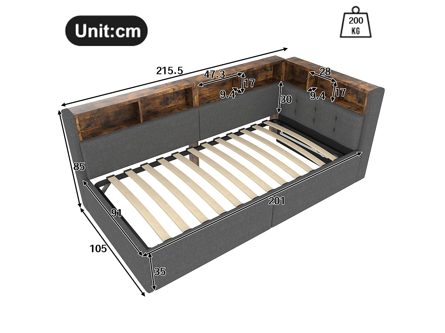 Sofá cama infantil - 90 x 200 cm - con USB + Tipo-C + almacenaje hidráulico + estante + LED - lino - gris