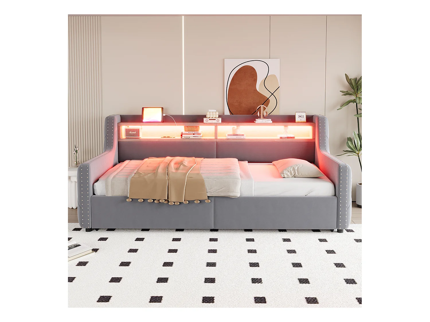 Canapé-lit rembourré avec rangement hydraulique - 90 x 200 cm -avec Leds + rangements + prise - velours - gris clair