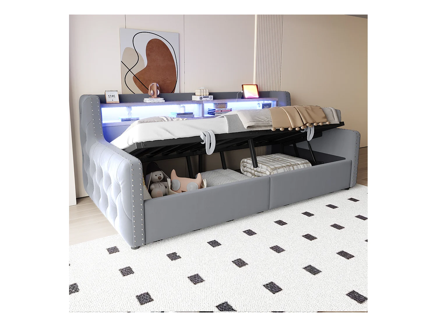 Canapé-lit rembourré avec rangement hydraulique - 90 x 200 cm -avec Leds + rangements + prise - velours - gris clair
