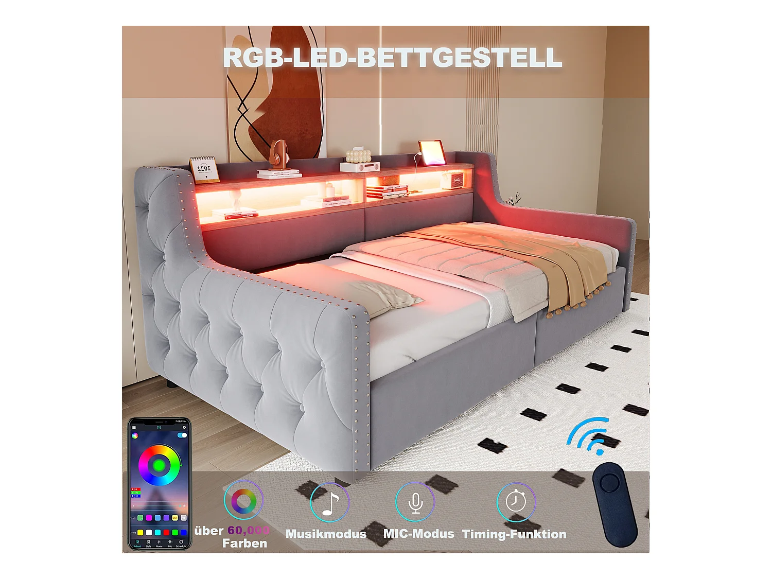 Canapé-lit rembourré avec rangement hydraulique - 90 x 200 cm -avec Leds + rangements + prise - velours - gris clair