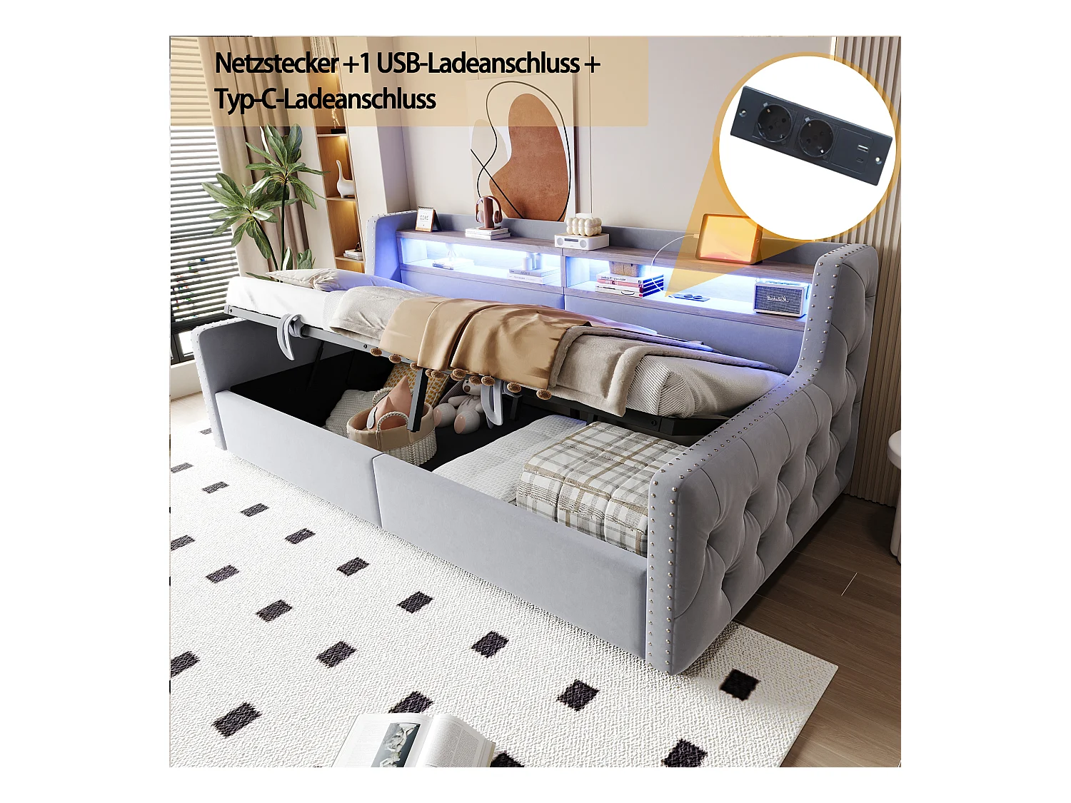 Canapé-lit rembourré avec rangement hydraulique - 90 x 200 cm -avec Leds + rangements + prise - velours - gris clair