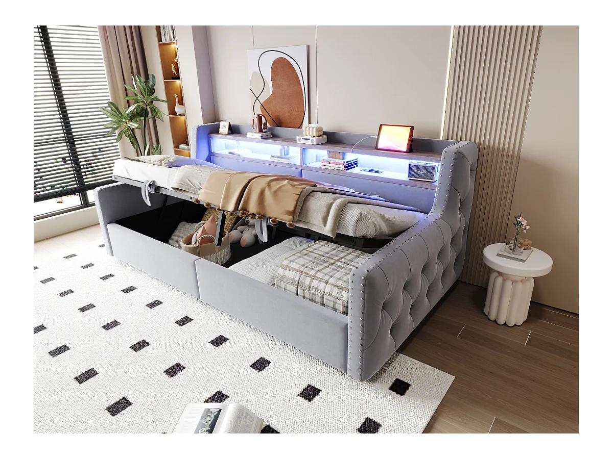 Canapé-lit rembourré avec rangement hydraulique - 90 x 200 cm -avec Leds + rangements + prise - velours - gris clair