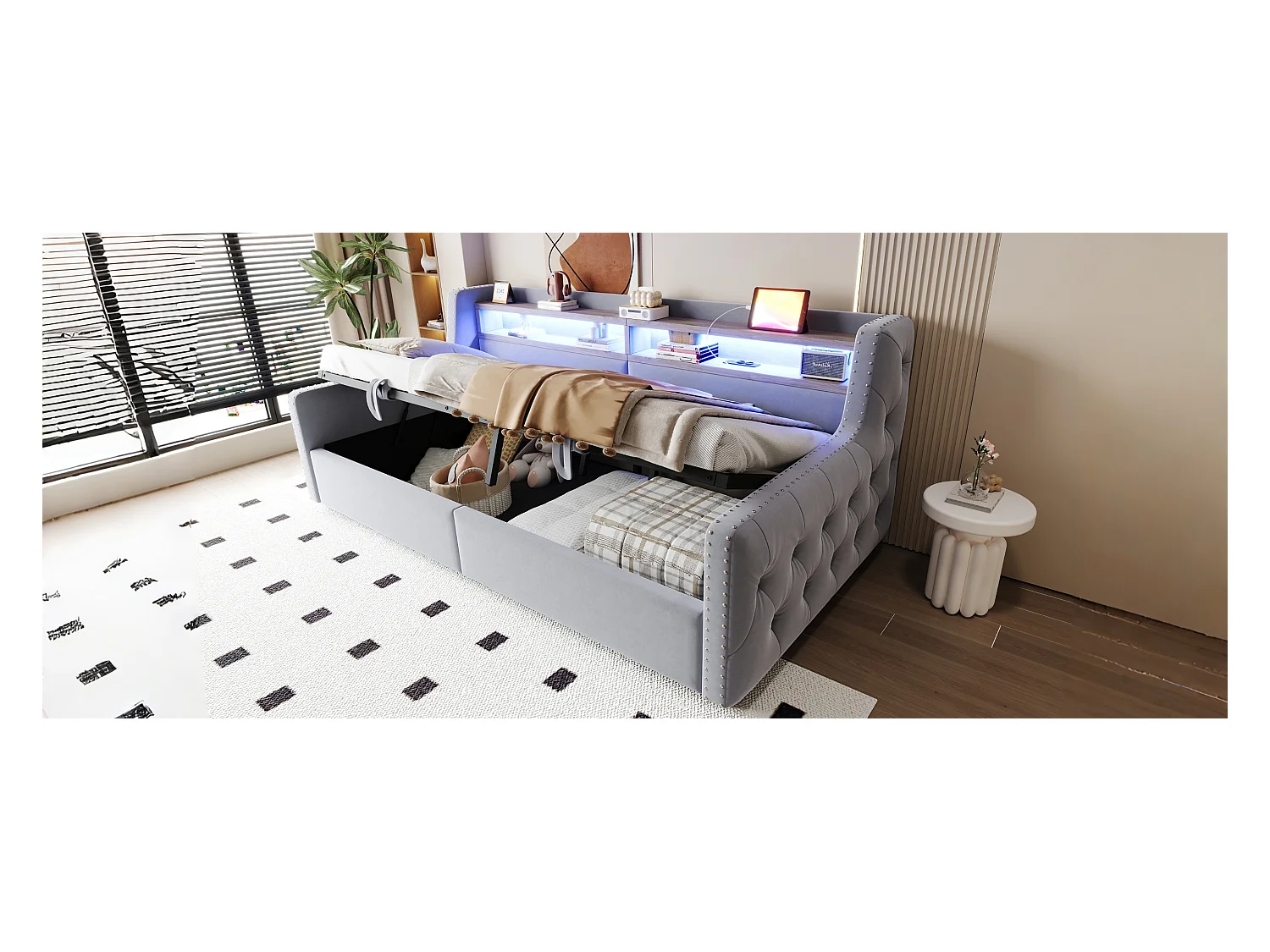 Canapé-lit rembourré avec rangement hydraulique - 90 x 200 cm -avec Leds + rangements + prise - velours - gris clair