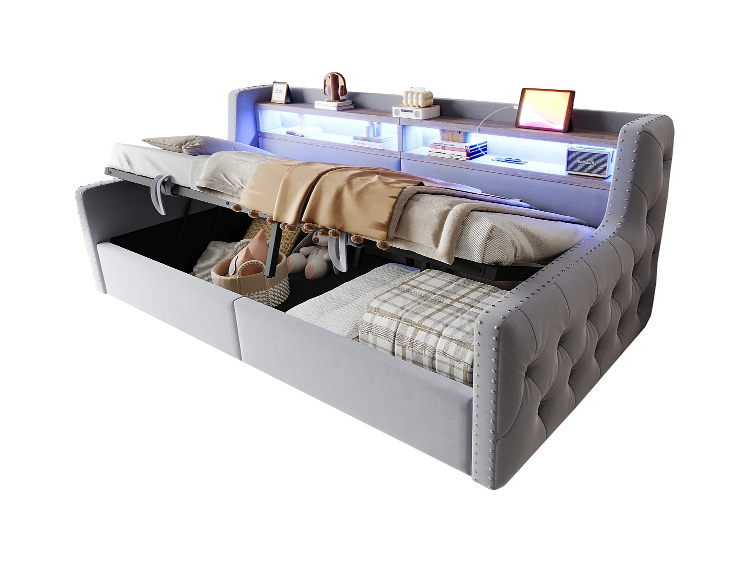 Canapé-lit rembourré avec rangement hydraulique - 90 x 200 cm -avec Leds + rangements + prise - velours - gris clair