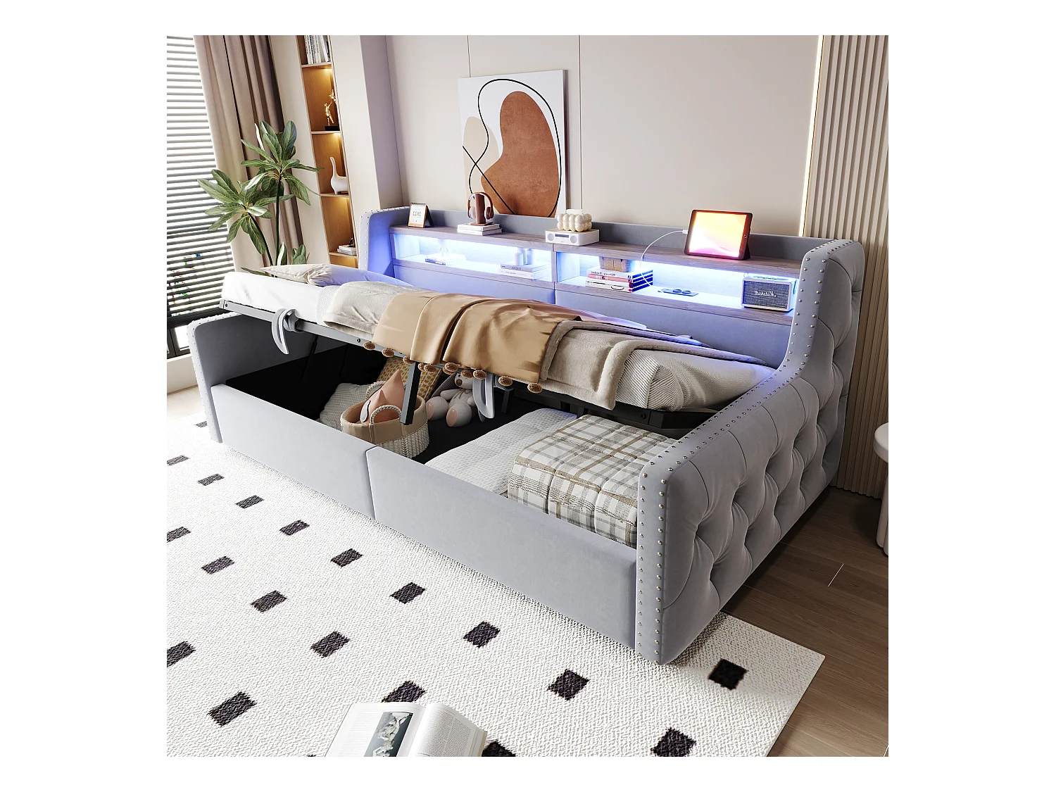 Sofa tapicerowana z funkcją spania i hydraulicznym schowkiem - 90 x 200 cm - z oświetleniem LED + schowkiem + gniazdkiem - welur - jasnoszary