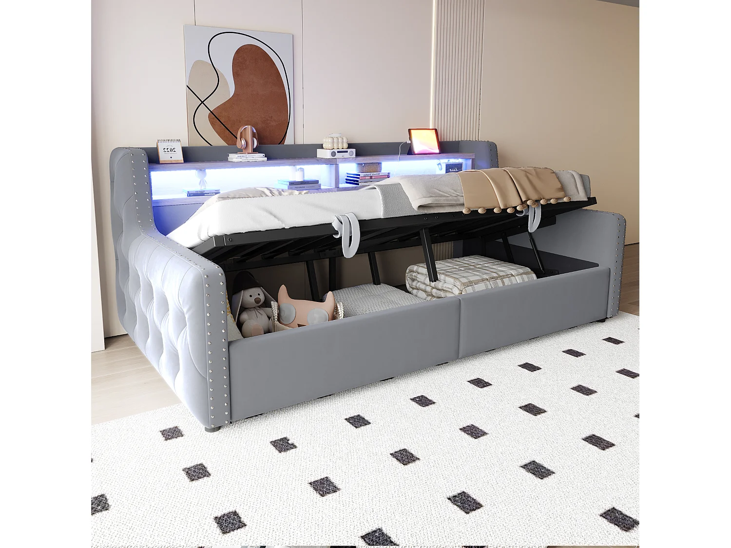 Sofa tapicerowana z funkcją spania i hydraulicznym schowkiem - 90 x 200 cm - z oświetleniem LED + schowkiem + gniazdkiem - welur - jasnoszary