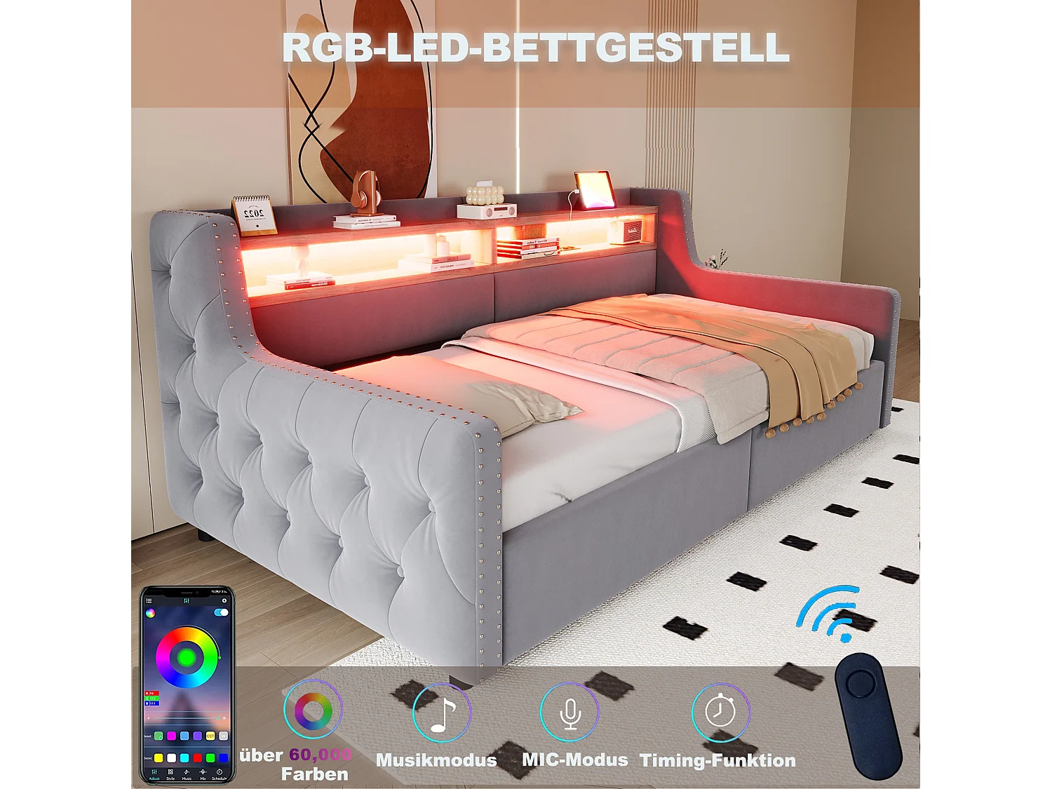 Sofa tapicerowana z funkcją spania i hydraulicznym schowkiem - 90 x 200 cm - z oświetleniem LED + schowkiem + gniazdkiem - welur - jasnoszary