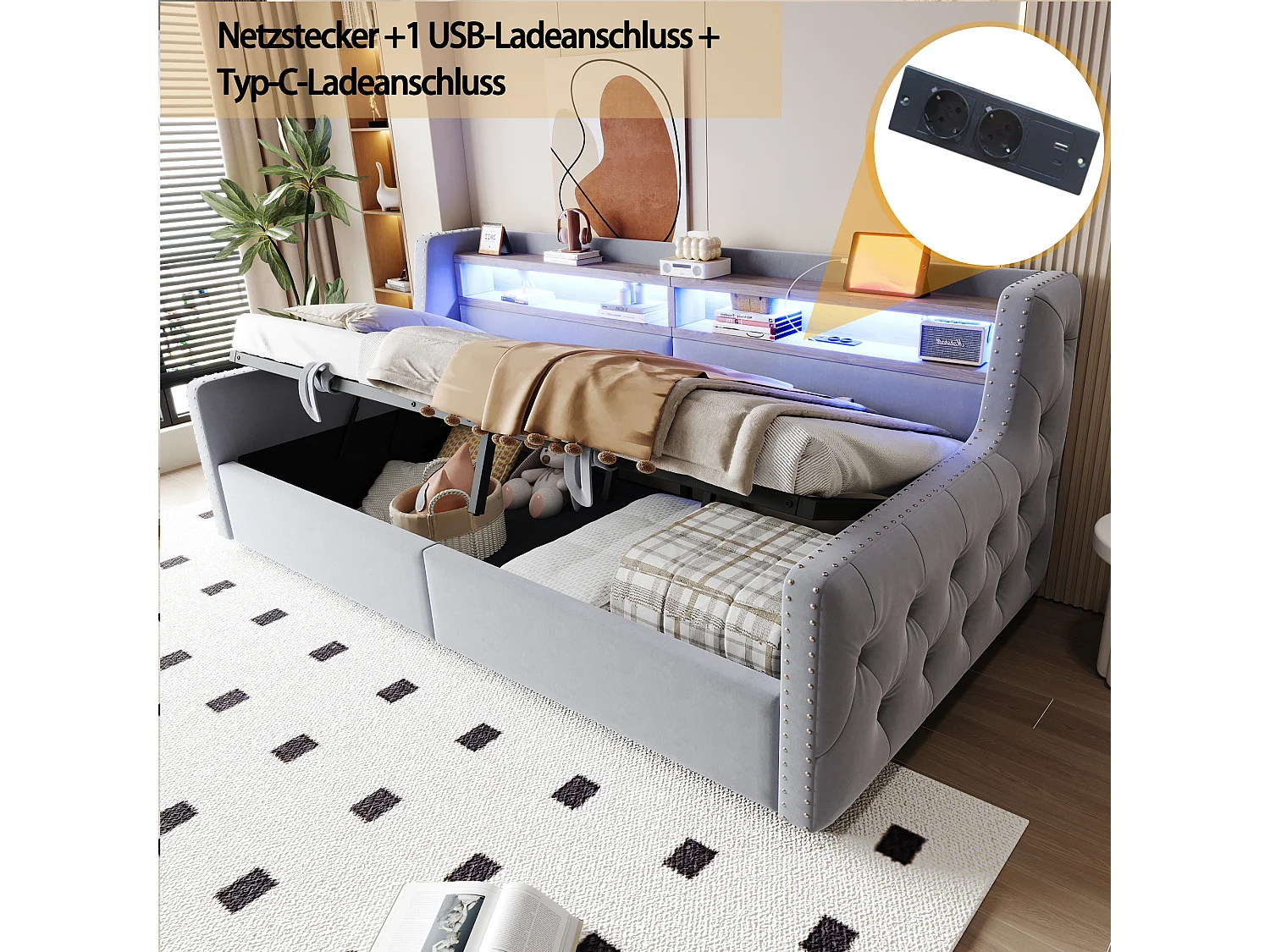 Sofa tapicerowana z funkcją spania i hydraulicznym schowkiem - 90 x 200 cm - z oświetleniem LED + schowkiem + gniazdkiem - welur - jasnoszary