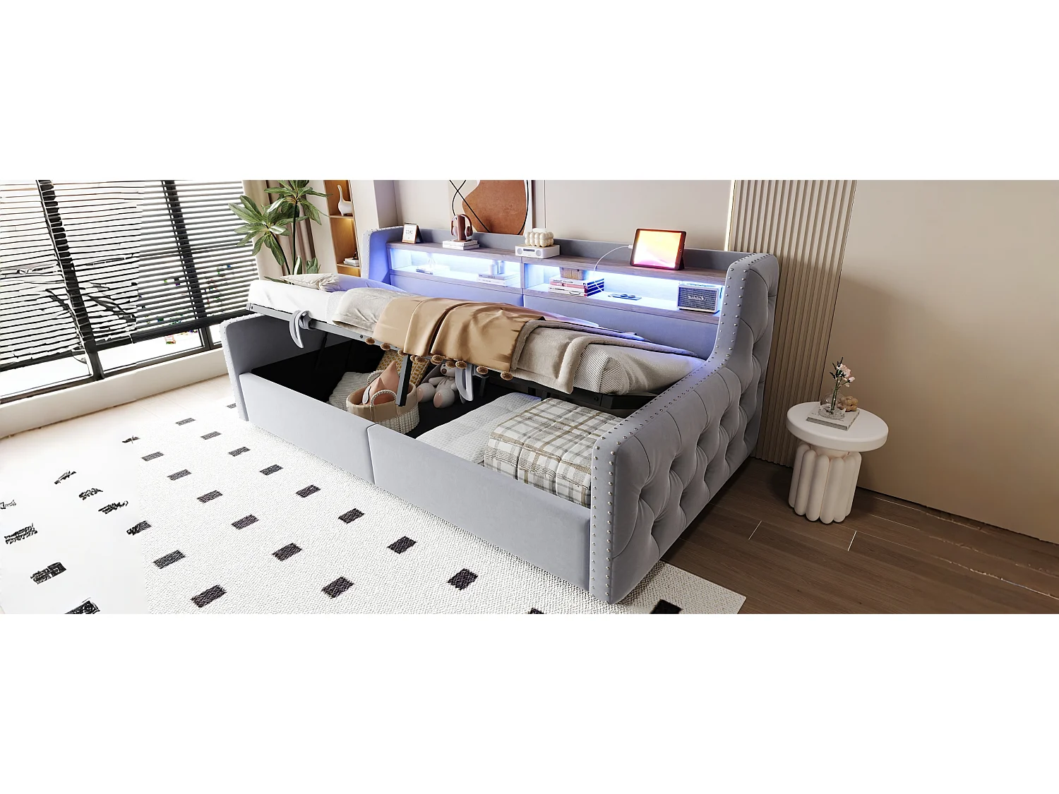 Sofa tapicerowana z funkcją spania i hydraulicznym schowkiem - 90 x 200 cm - z oświetleniem LED + schowkiem + gniazdkiem - welur - jasnoszary