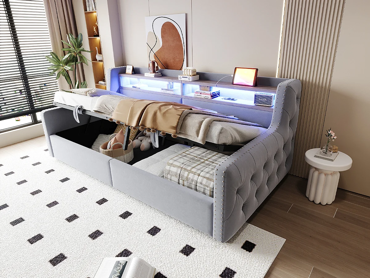 Canapé-lit rembourré avec rangement hydraulique - 90 x 200 cm -avec Leds + rangements + prise - velours - gris clair