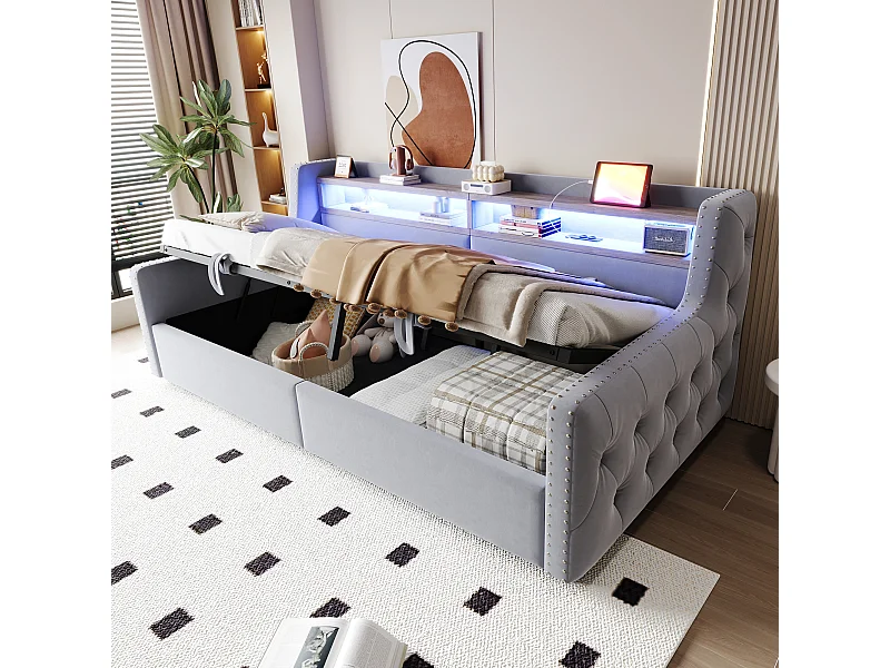Canapé-lit rembourré avec rangement hydraulique - 90 x 200 cm -avec Leds + rangements + prise - velours - gris clair