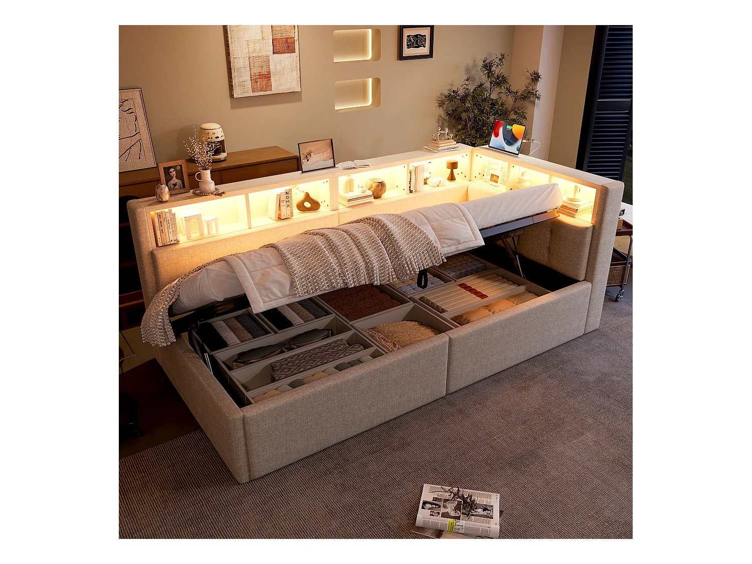 Kinderschlafsofa - 90 x 200 cm - mit USB + Typ-C + hydraulischem Stauraum + Ablage + LEDs - Leinen - Beige