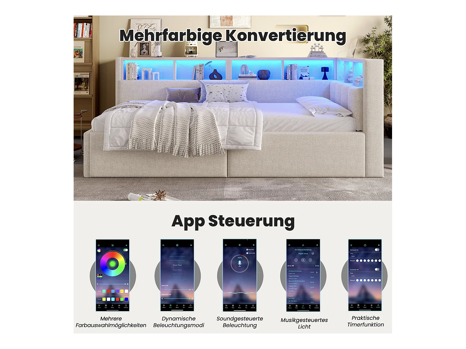 Kinderschlafsofa - 90 x 200 cm - mit USB + Typ-C + hydraulischem Stauraum + Ablage + LEDs - Leinen - Beige