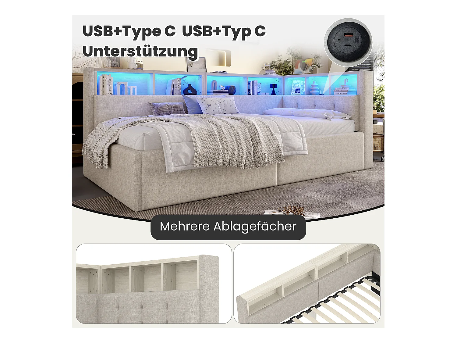 Kinderschlafsofa - 90 x 200 cm - mit USB + Typ-C + hydraulischem Stauraum + Ablage + LEDs - Leinen - Beige