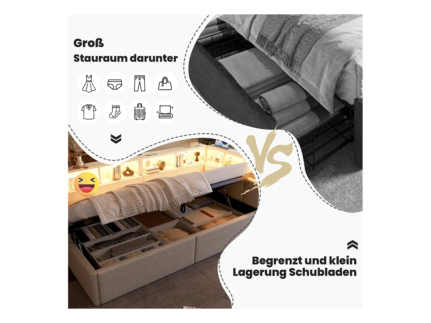 Kinderschlafsofa - 90 x 200 cm - mit USB + Typ-C + hydraulischem Stauraum + Ablage + LEDs - Leinen - Beige