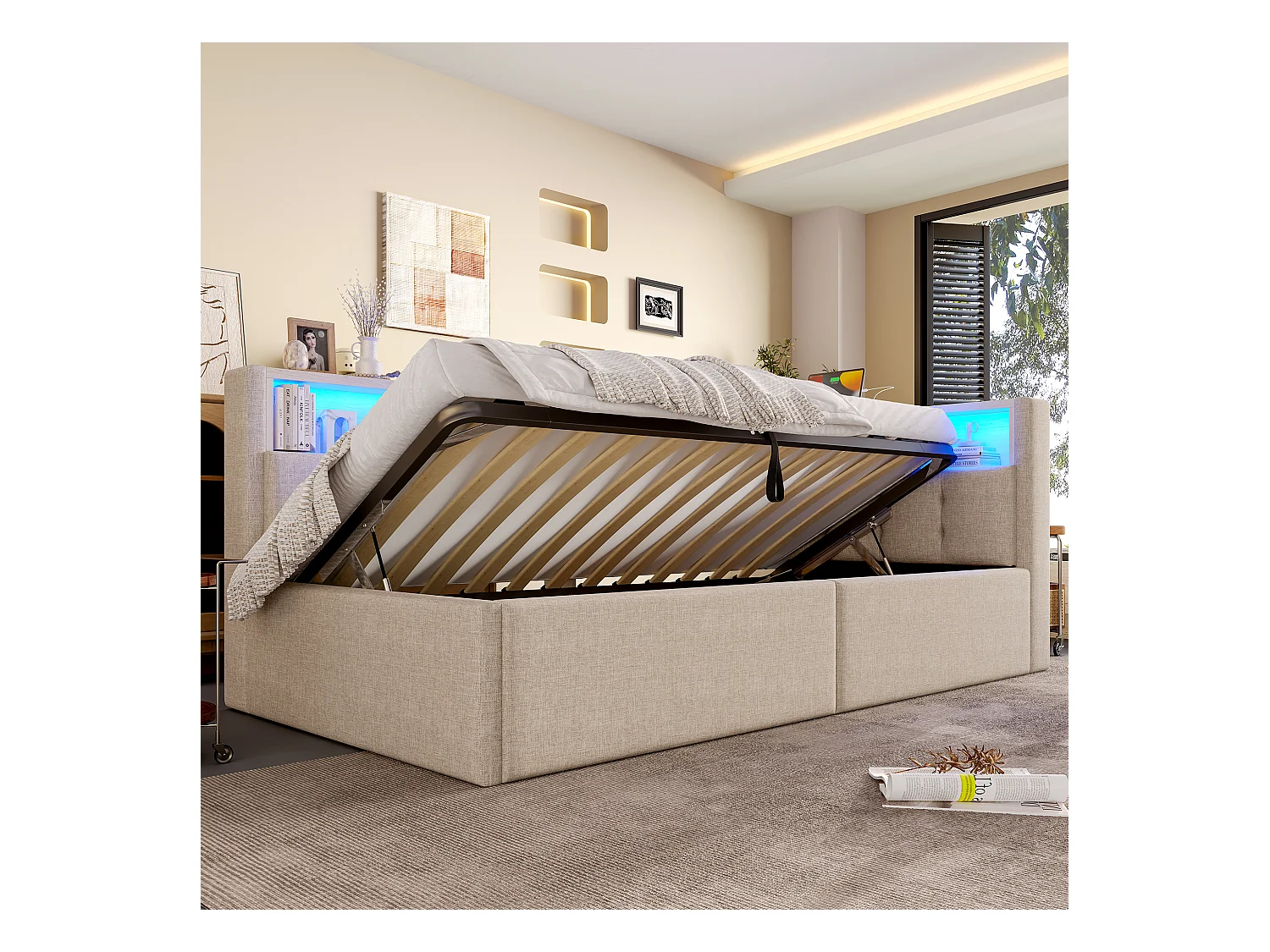 Kinderschlafsofa - 90 x 200 cm - mit USB + Typ-C + hydraulischem Stauraum + Ablage + LEDs - Leinen - Beige