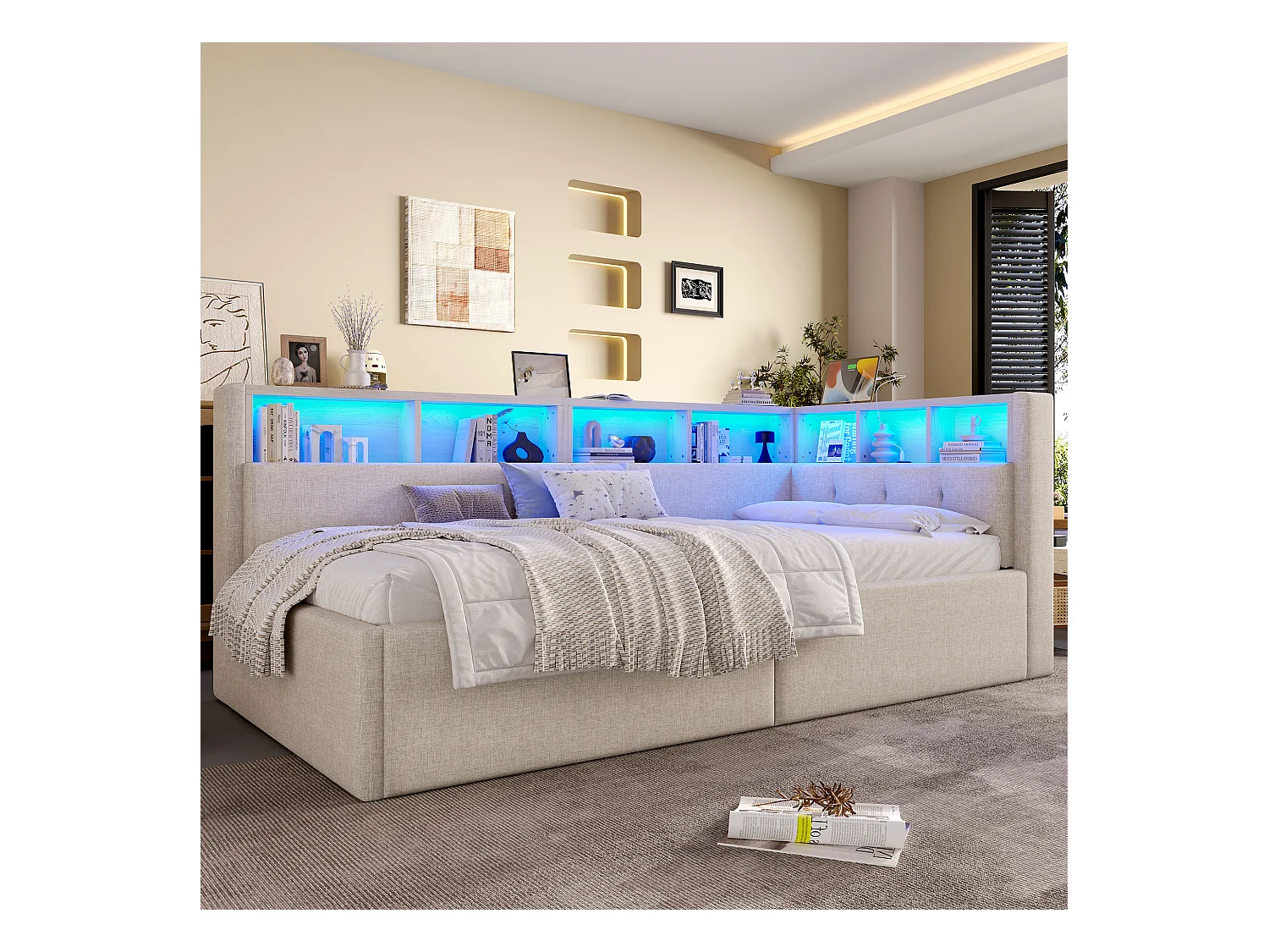 Kinderschlafsofa - 90 x 200 cm - mit USB + Typ-C + hydraulischem Stauraum + Ablage + LEDs - Leinen - Beige