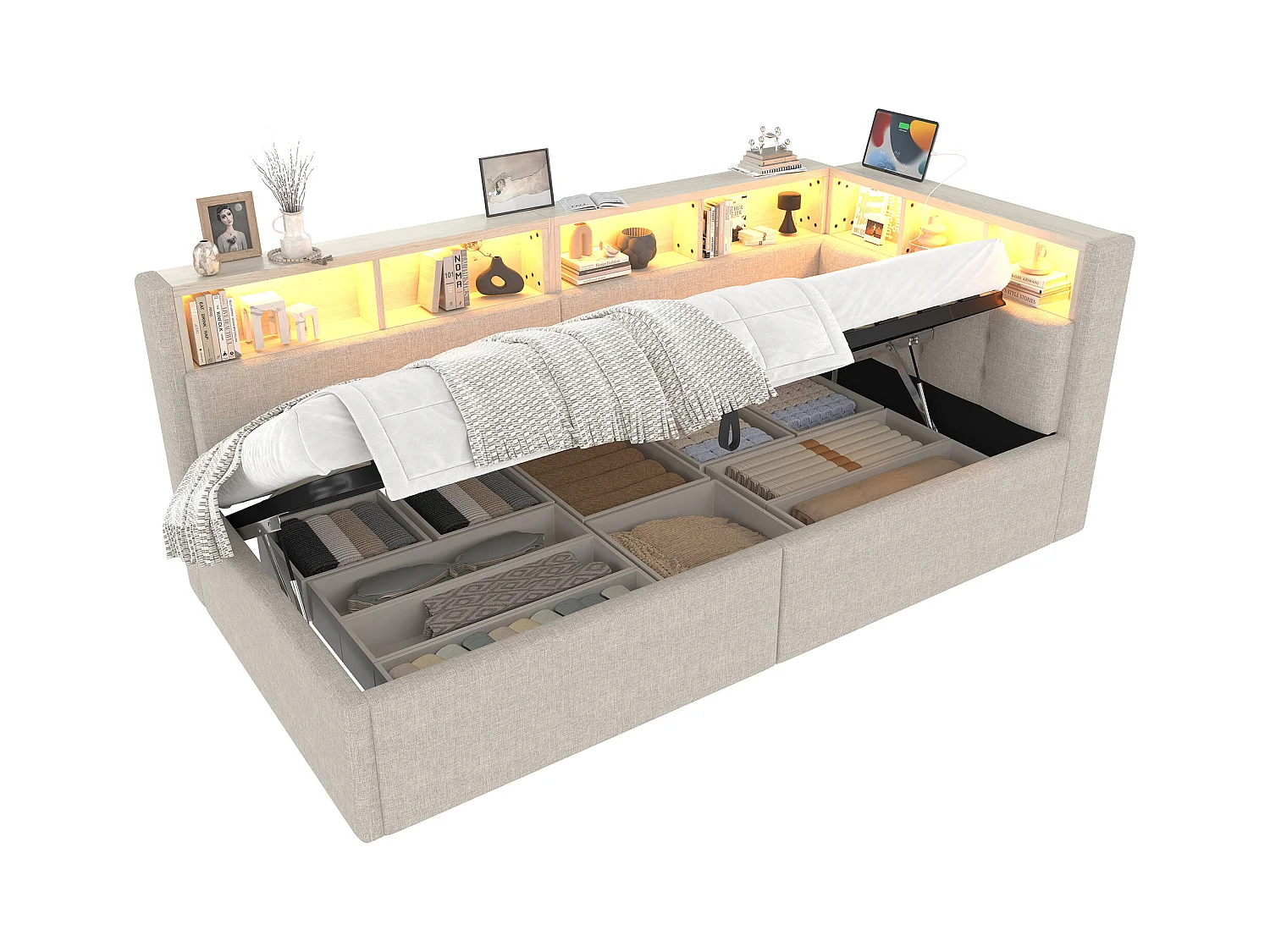 Kinderschlafsofa - 90 x 200 cm - mit USB + Typ-C + hydraulischem Stauraum + Ablage + LEDs - Leinen - Beige