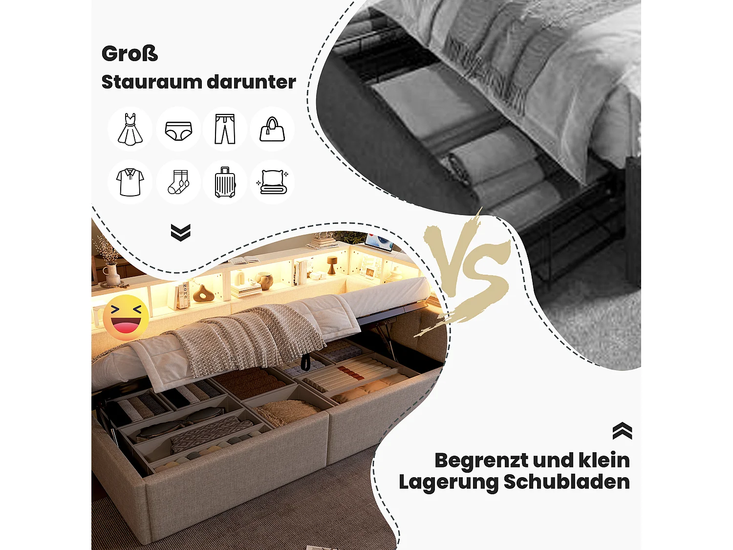 Canapé-lit enfant - 90 x 200 cm - avec USB + Type-C + rangement hydraulique + étagère + Leds - lin - beige