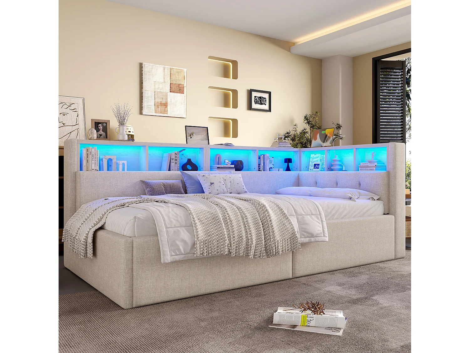 Canapé-lit enfant - 90 x 200 cm - avec USB + Type-C + rangement hydraulique + étagère + Leds - lin - beige