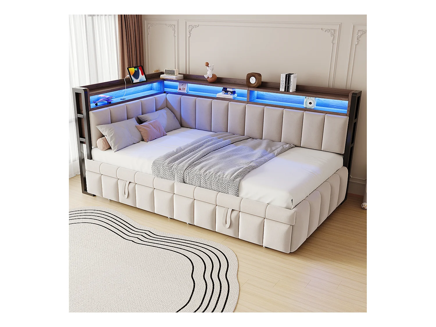 Canapé-lit capitonné - 90 x 200 cm - avec lit gigogne 90 x 200cm + Leds + étagère + USB et Type-C - velours - beige