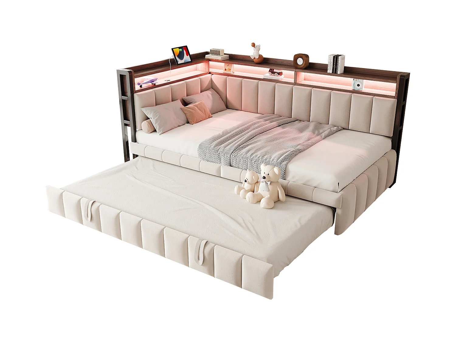 Canapé-lit capitonné - 90 x 200 cm - avec lit gigogne 90 x 200cm + Leds + étagère + USB et Type-C - velours - beige