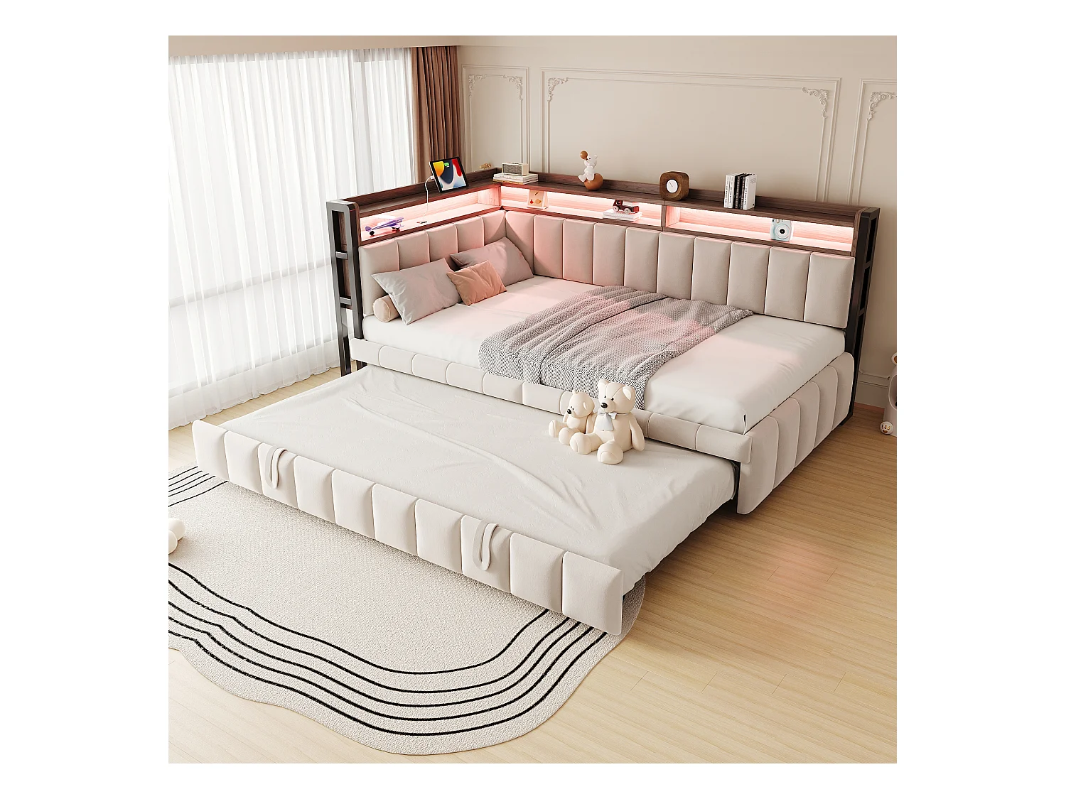 Gestoffeerde slaapbank - 90 x 200 cm - met uitschuifbed 90 x 200 cm + LED's + plank + USB en Type-C - fluweel - beige