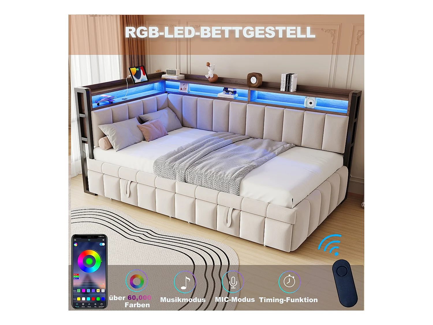 Gestoffeerde slaapbank - 90 x 200 cm - met uitschuifbed 90 x 200 cm + LED's + plank + USB en Type-C - fluweel - beige