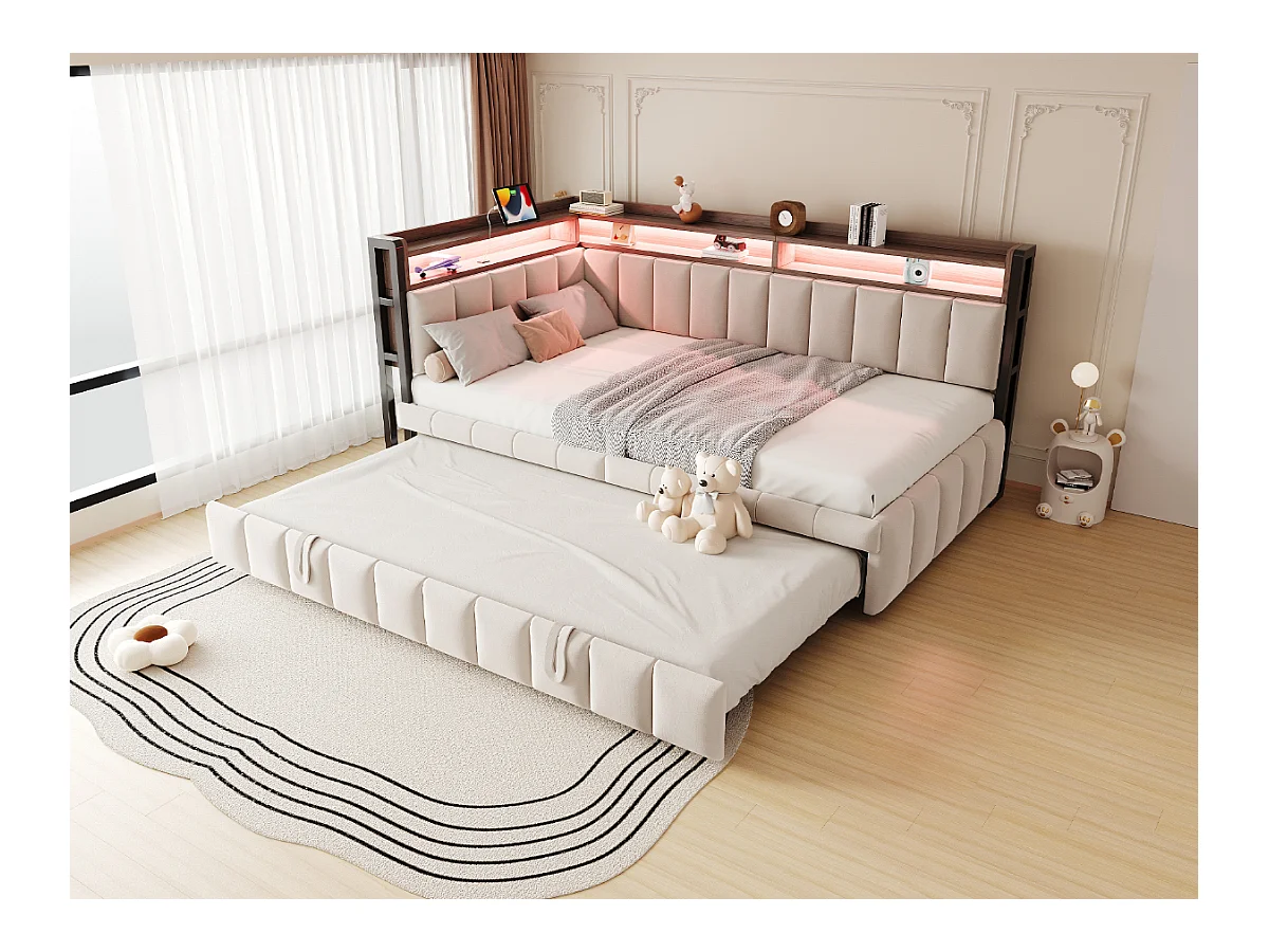 Gestoffeerde slaapbank - 90 x 200 cm - met uitschuifbed 90 x 200 cm + LED's + plank + USB en Type-C - fluweel - beige