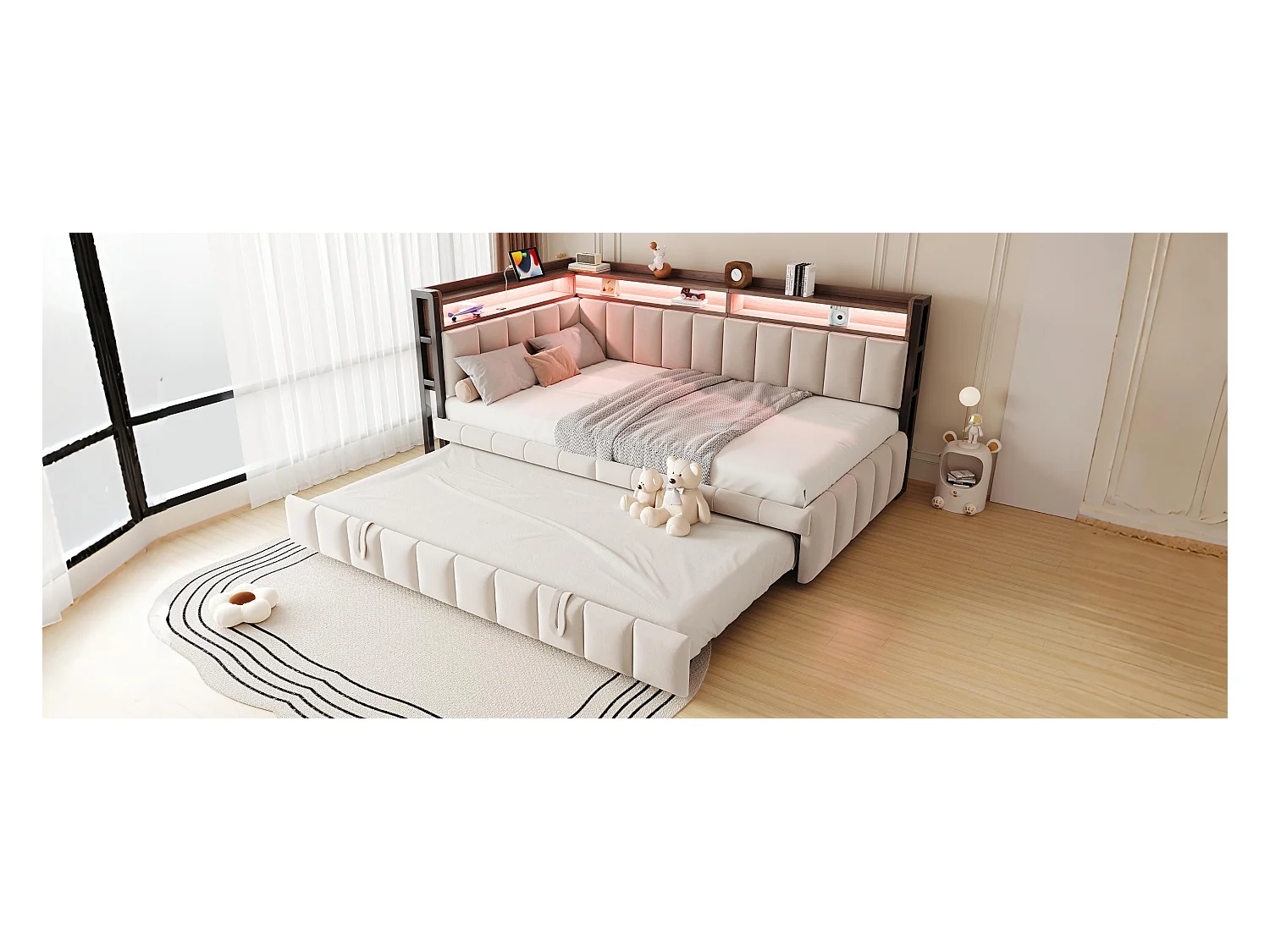 Gestoffeerde slaapbank - 90 x 200 cm - met uitschuifbed 90 x 200 cm + LED's + plank + USB en Type-C - fluweel - beige