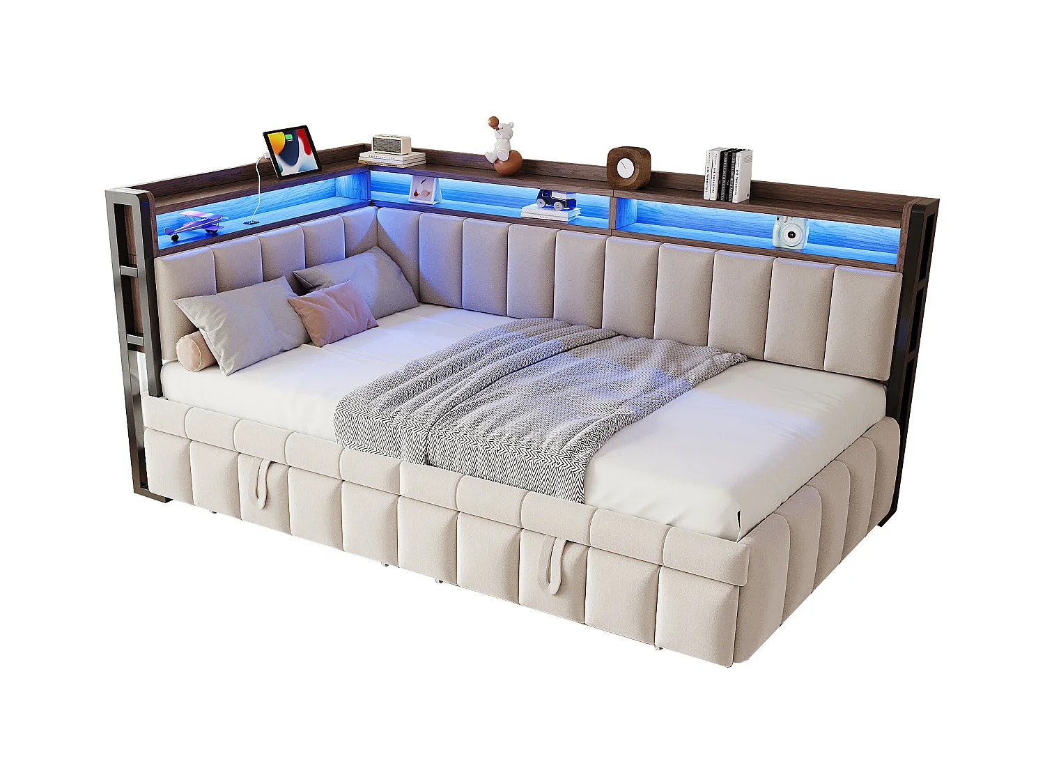 Gestoffeerde slaapbank - 90 x 200 cm - met uitschuifbed 90 x 200 cm + LED's + plank + USB en Type-C - fluweel - beige
