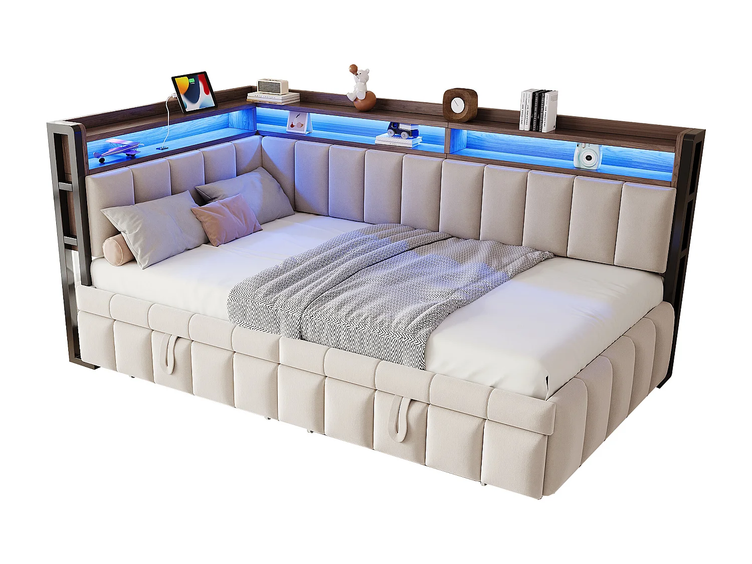 Gestoffeerde slaapbank - 90 x 200 cm - met uitschuifbed 90 x 200 cm + LED's + plank + USB en Type-C - fluweel - beige
