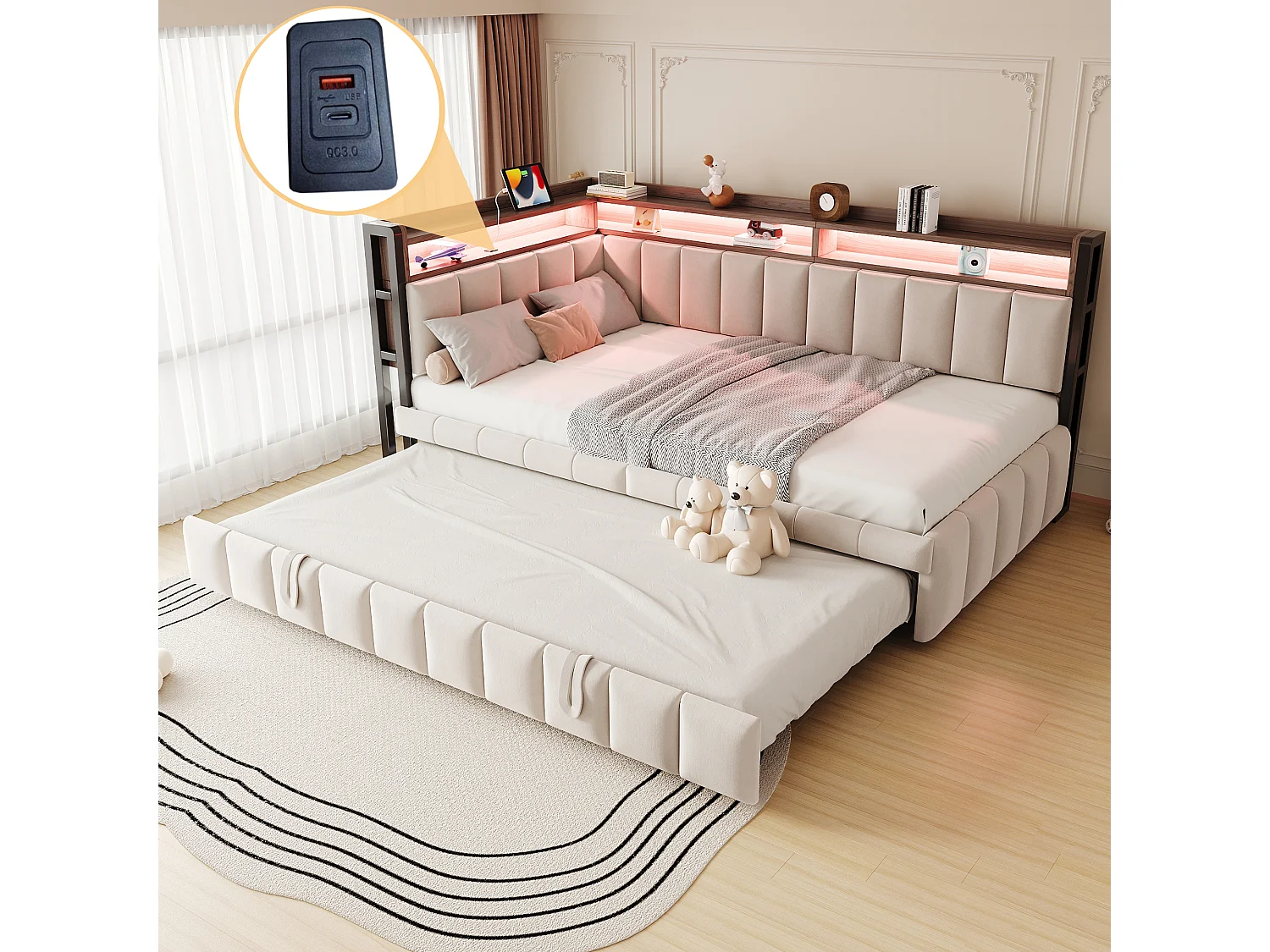 Polstret sovesofa - 90 x 200 cm - med udtræksseng 90 x 200 cm + LED'er + hylde + USB- og Type-C-porte - fløjl - beige