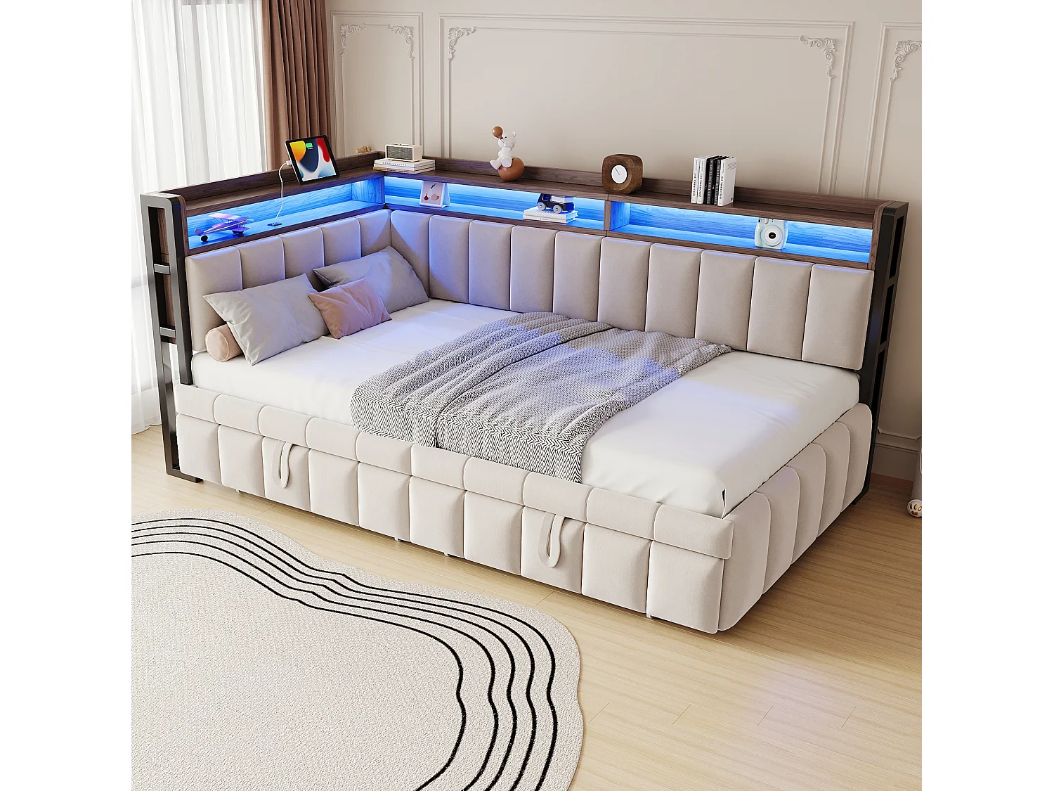 Polstret sovesofa - 90 x 200 cm - med udtræksseng 90 x 200 cm + LED'er + hylde + USB- og Type-C-porte - fløjl - beige
