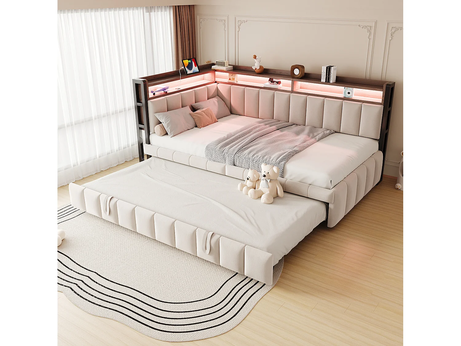Polstret sovesofa - 90 x 200 cm - med udtræksseng 90 x 200 cm + LED'er + hylde + USB- og Type-C-porte - fløjl - beige