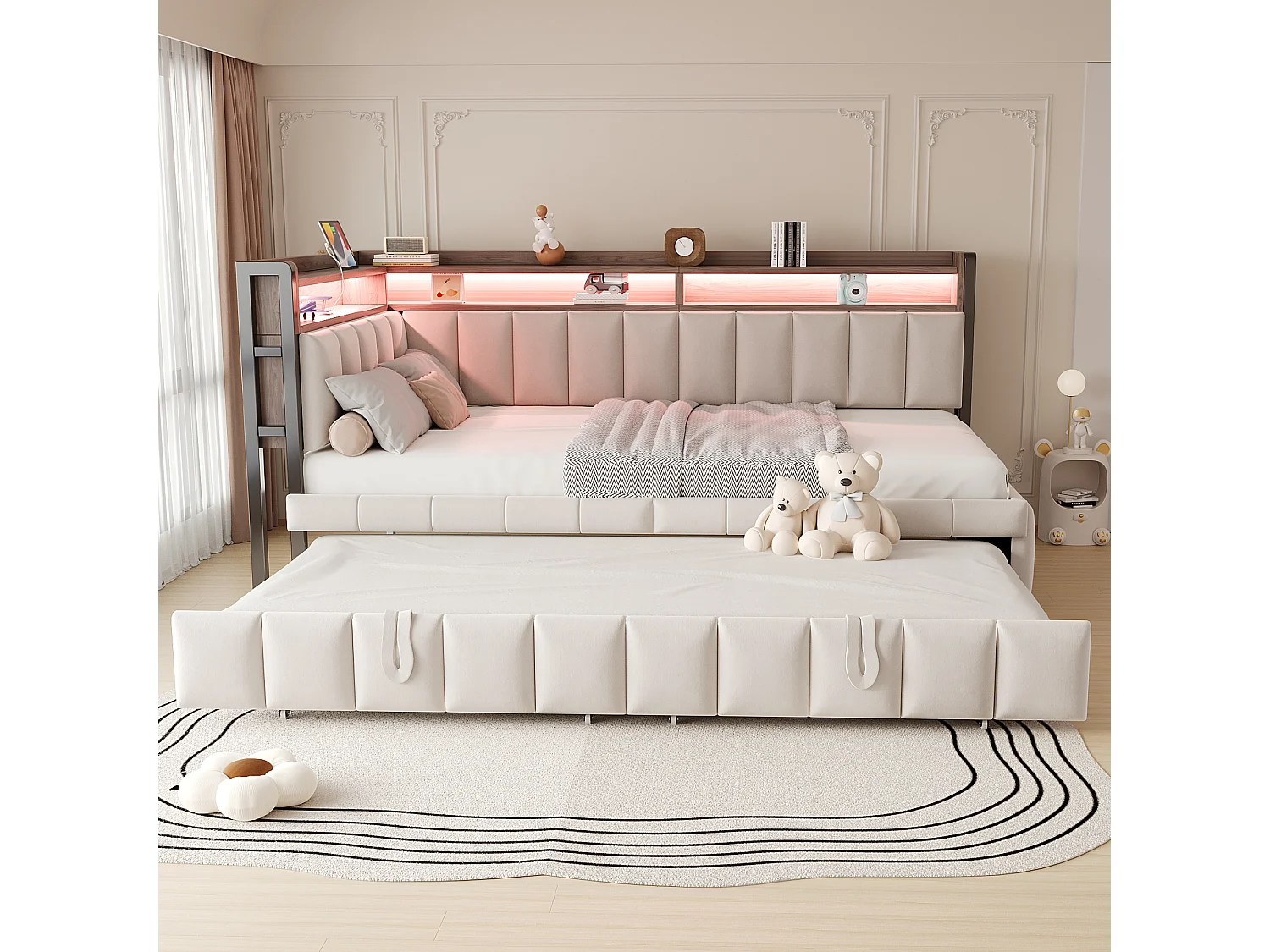 Polstret sovesofa - 90 x 200 cm - med udtræksseng 90 x 200 cm + LED'er + hylde + USB- og Type-C-porte - fløjl - beige
