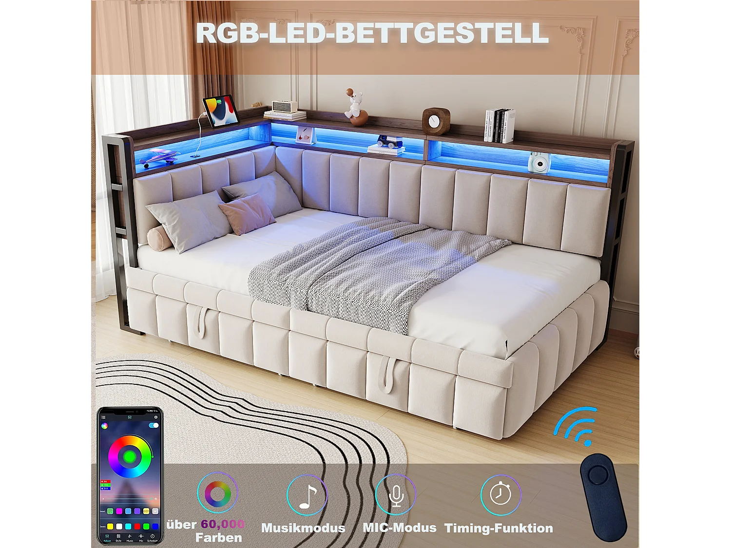 Polstret sovesofa - 90 x 200 cm - med udtræksseng 90 x 200 cm + LED'er + hylde + USB- og Type-C-porte - fløjl - beige