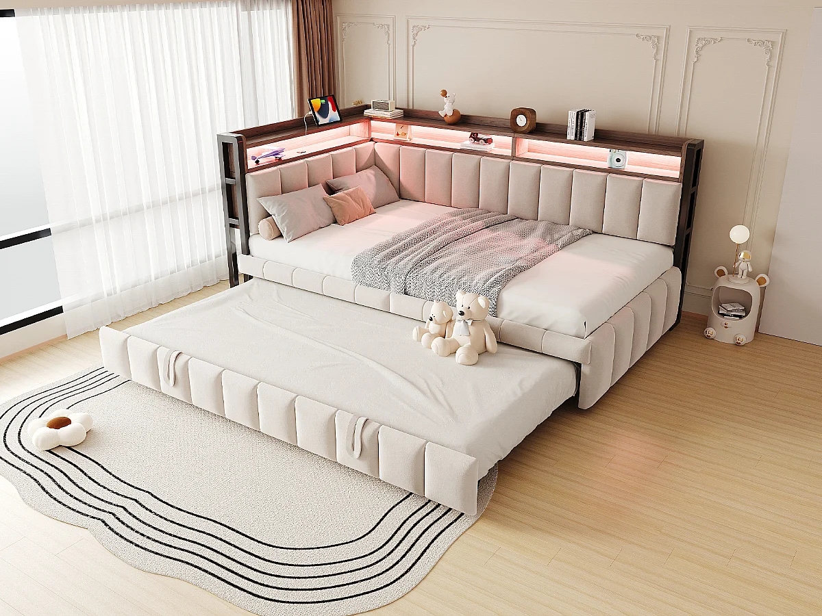 Polstret sovesofa - 90 x 200 cm - med udtræksseng 90 x 200 cm + LED'er + hylde + USB- og Type-C-porte - fløjl - beige