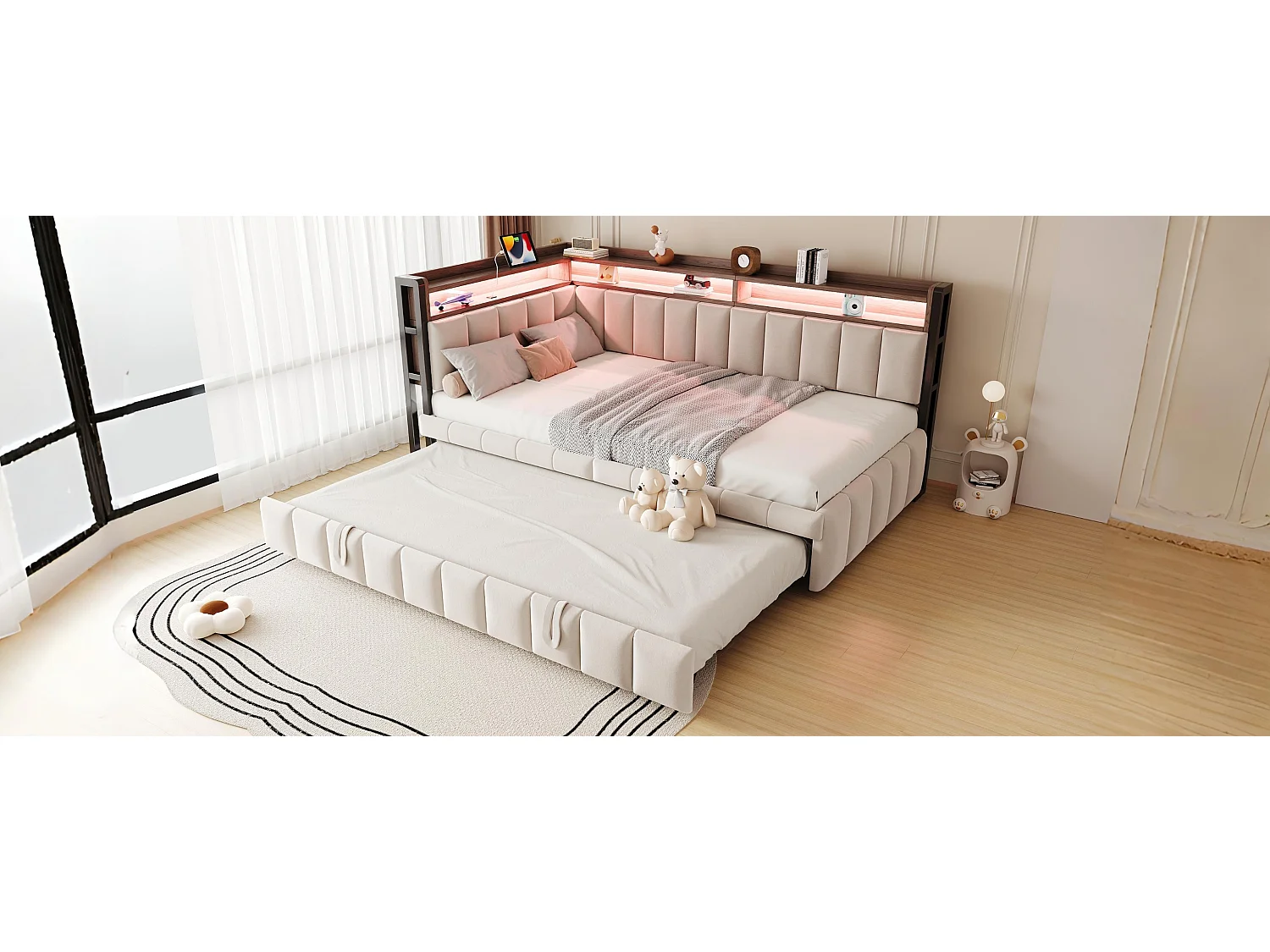 Polstret sovesofa - 90 x 200 cm - med udtræksseng 90 x 200 cm + LED'er + hylde + USB- og Type-C-porte - fløjl - beige