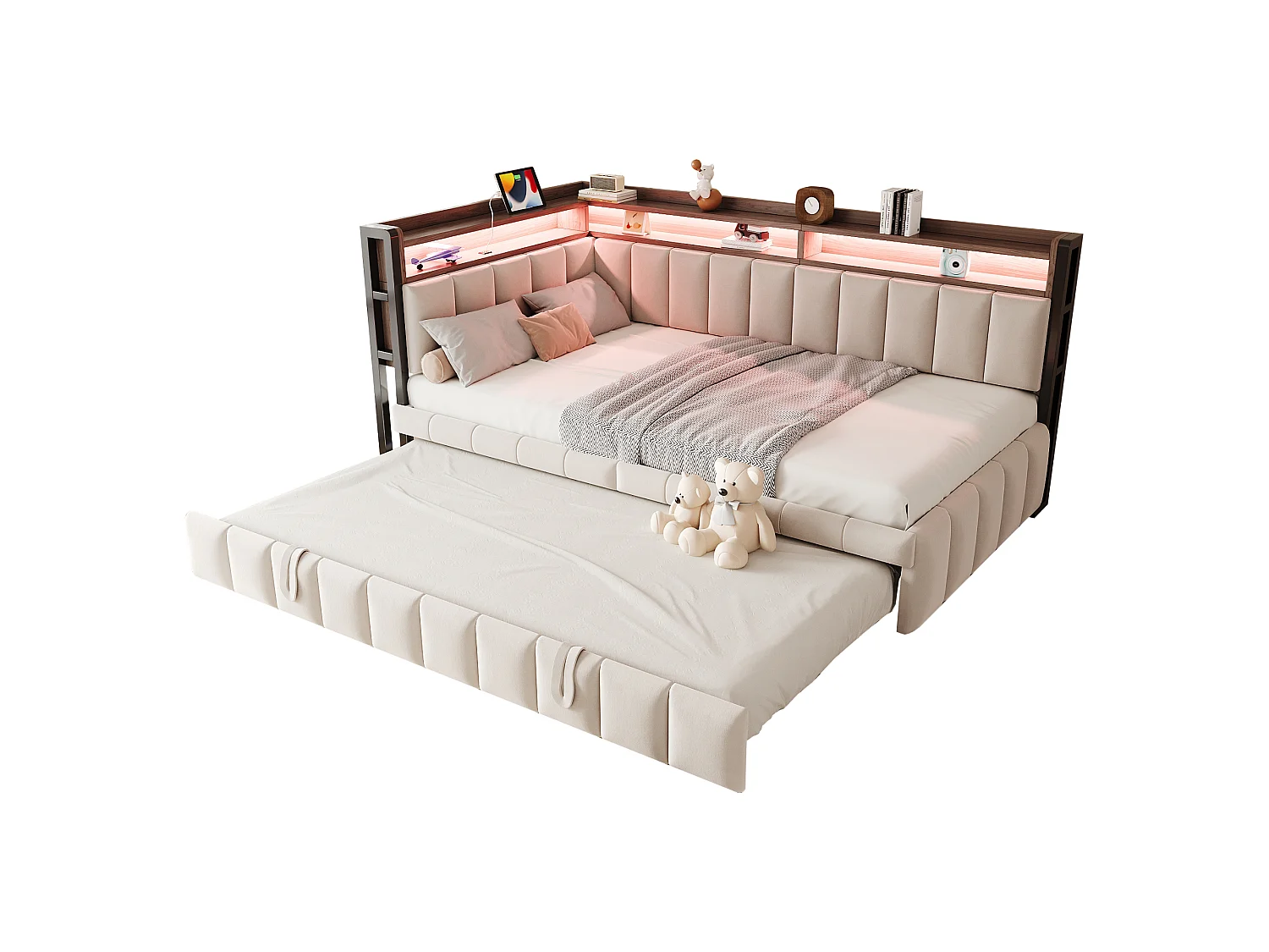 Polstret sovesofa - 90 x 200 cm - med udtræksseng 90 x 200 cm + LED'er + hylde + USB- og Type-C-porte - fløjl - beige