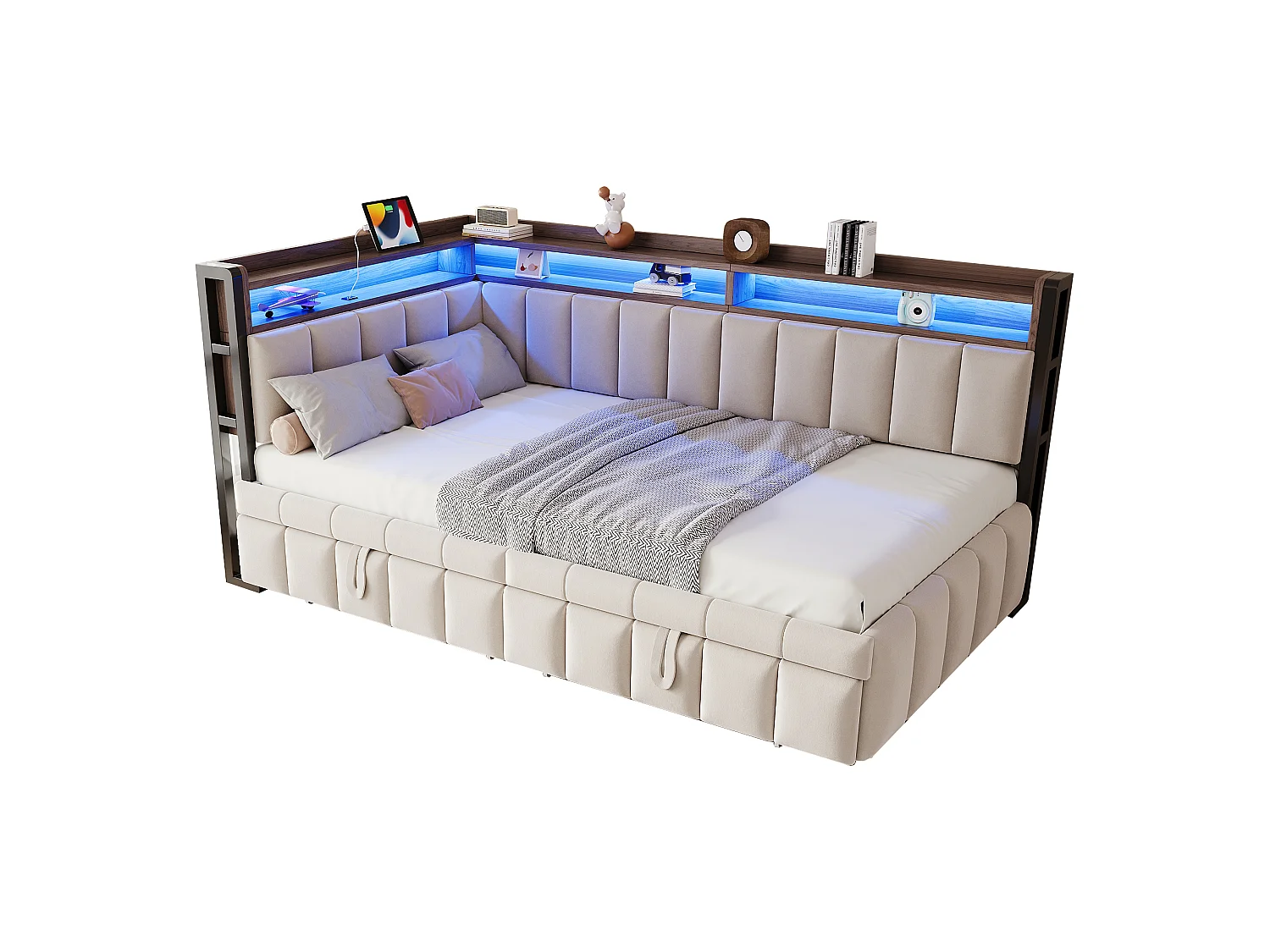 Polstret sovesofa - 90 x 200 cm - med udtræksseng 90 x 200 cm + LED'er + hylde + USB- og Type-C-porte - fløjl - beige