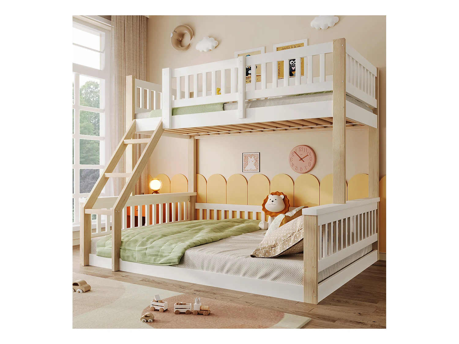 Kinder-Etagenbett - 90 x 200 cm + 140 x 200 cm - mit Leiter + Bettgitter - Holz - weiß + natur