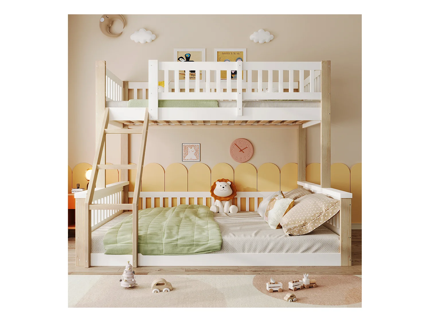 Kinder-Etagenbett - 90 x 200 cm + 140 x 200 cm - mit Leiter + Bettgitter - Holz - weiß + natur