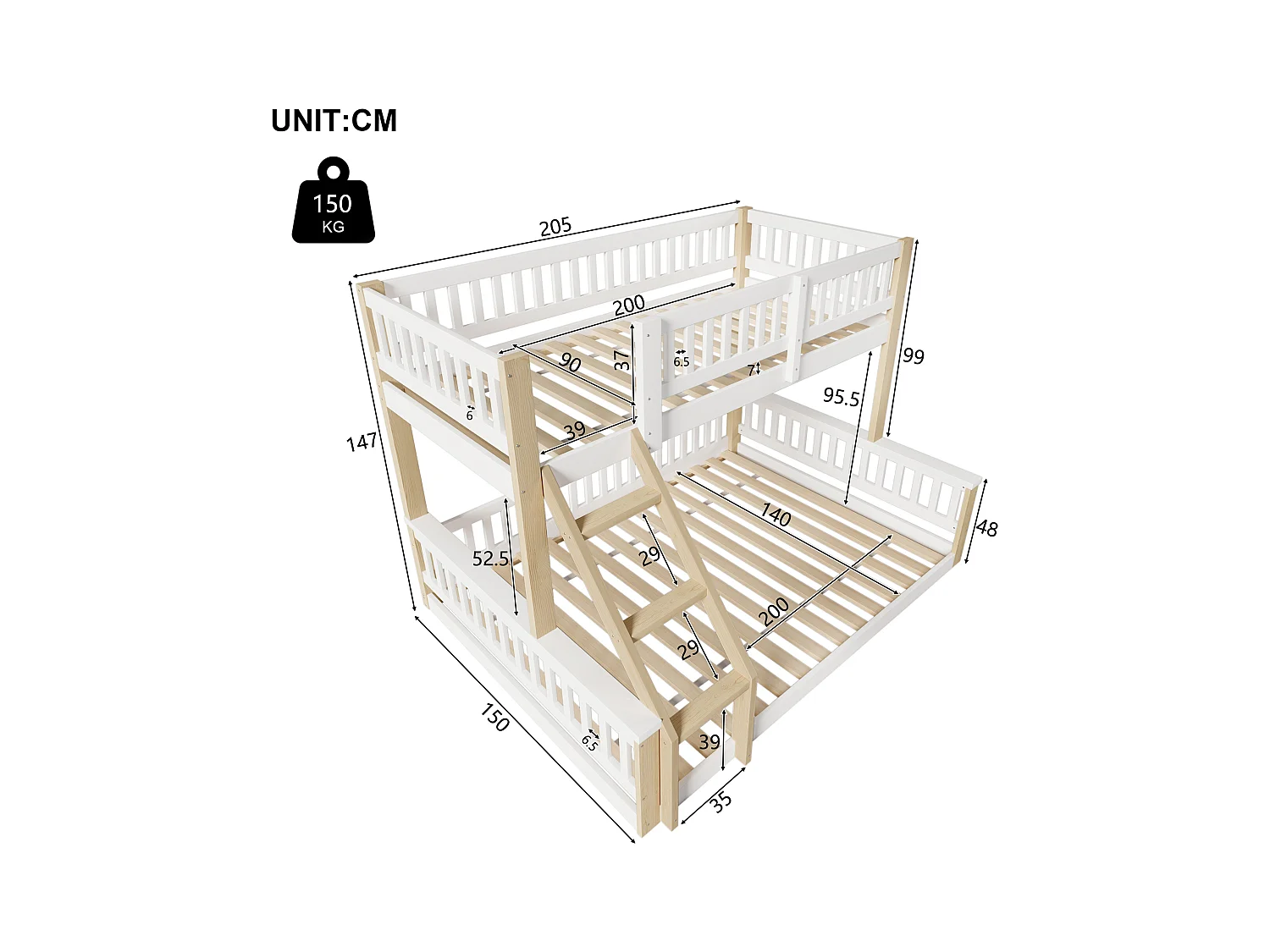 Kinder-Etagenbett - 90 x 200 cm + 140 x 200 cm - mit Leiter + Bettgitter - Holz - weiß + natur