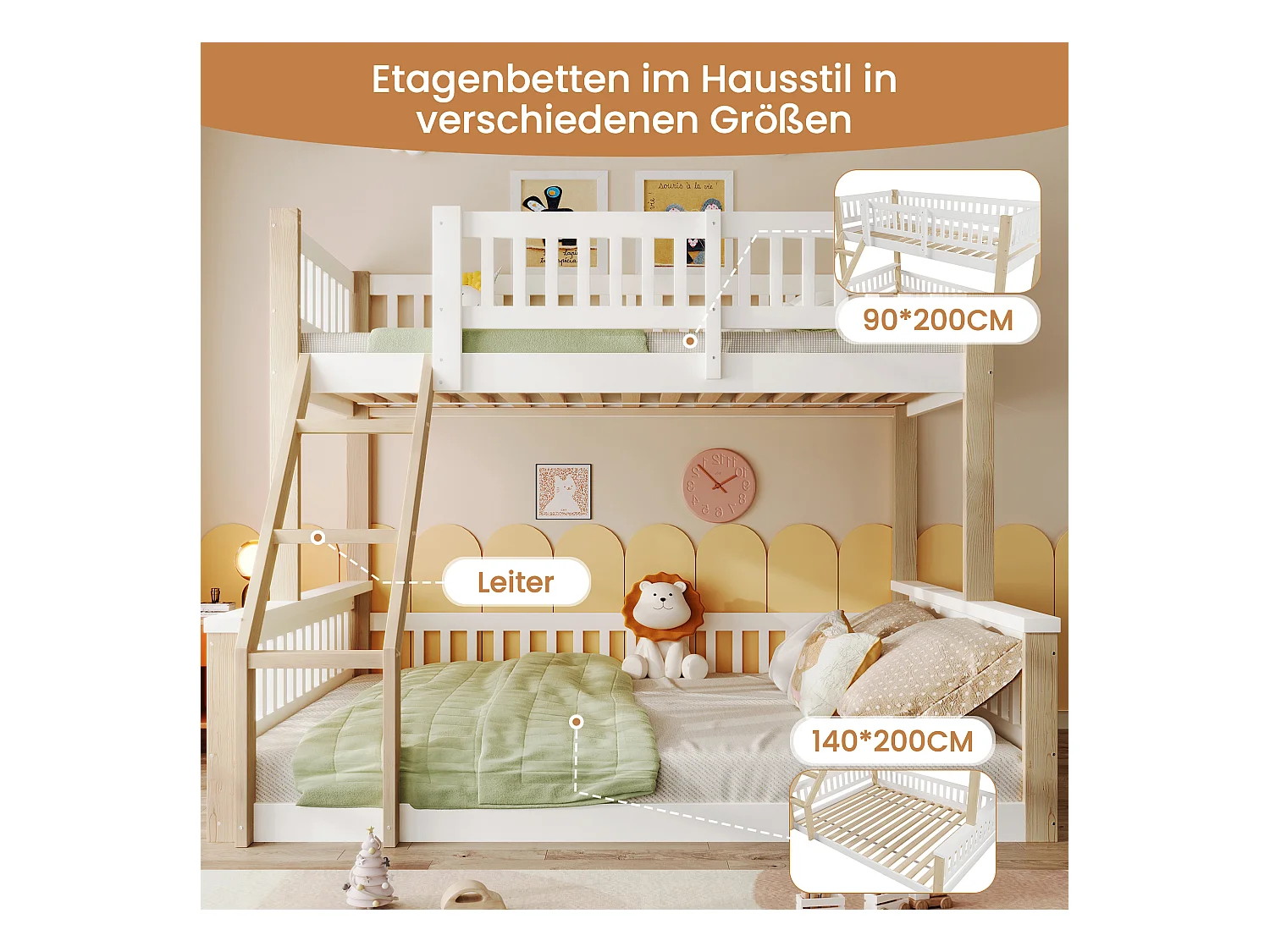 Kinder-Etagenbett - 90 x 200 cm + 140 x 200 cm - mit Leiter + Bettgitter - Holz - weiß + natur