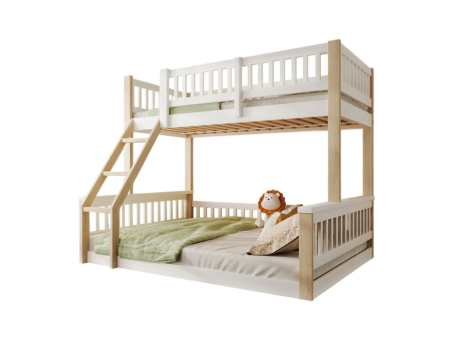 Kinder-Etagenbett - 90 x 200 cm + 140 x 200 cm - mit Leiter + Bettgitter - Holz - weiß + natur