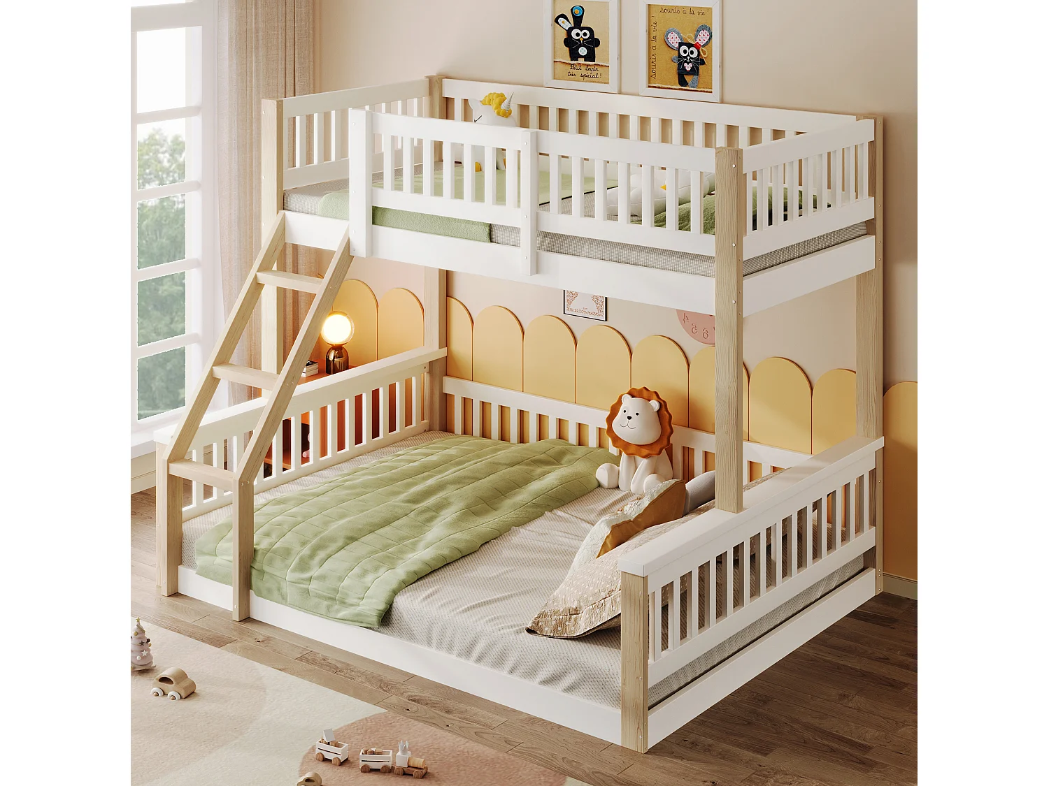 Lit superposés pour enfants - 90 x 200 cm + 140 x 200 cm - avec échelle + barrière de lit - bois - blanc + naturel