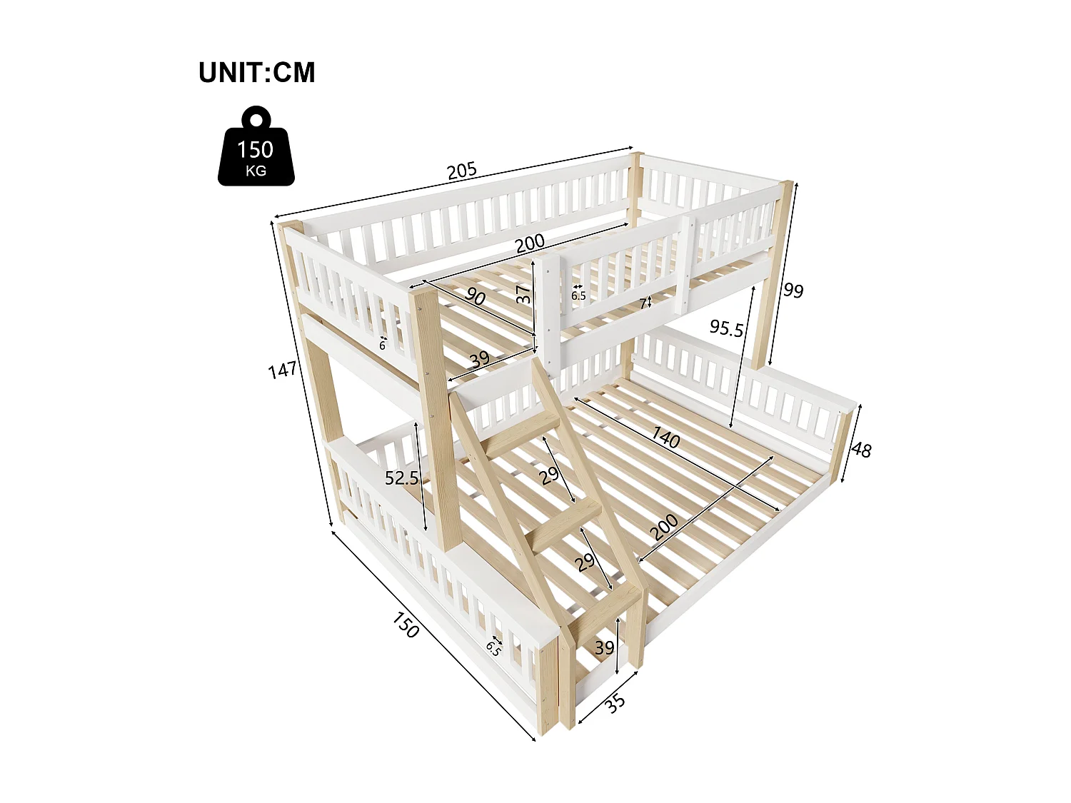 Lit superposés pour enfants - 90 x 200 cm + 140 x 200 cm - avec échelle + barrière de lit - bois - blanc + naturel