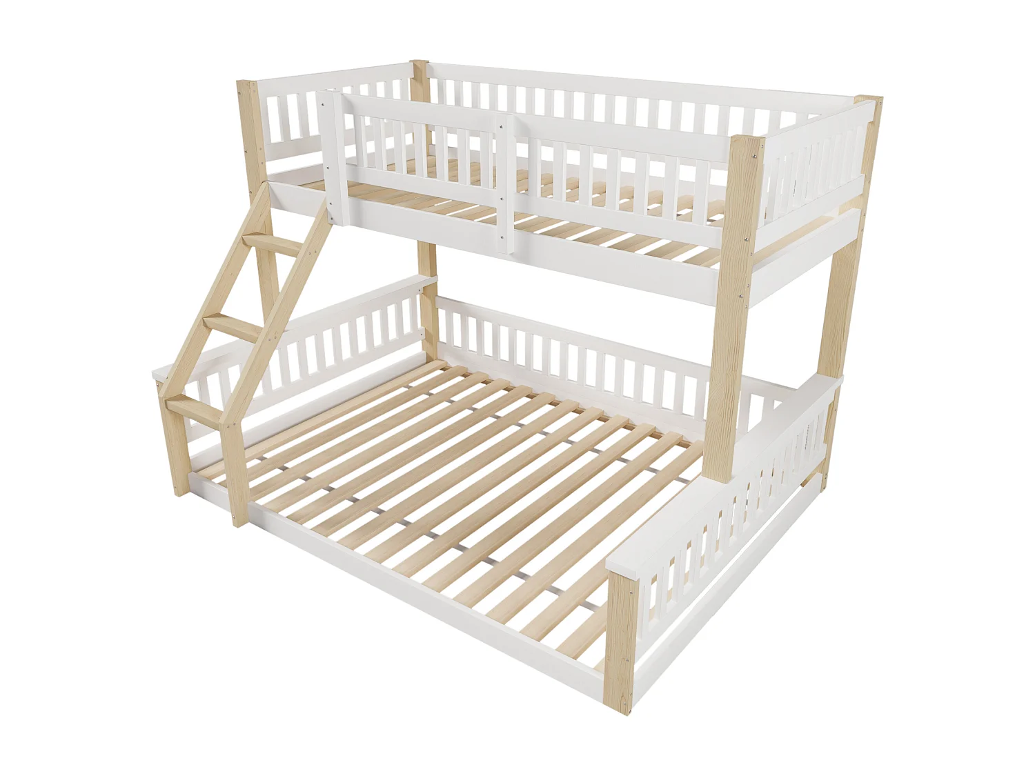 Lit superposés pour enfants - 90 x 200 cm + 140 x 200 cm - avec échelle + barrière de lit - bois - blanc + naturel
